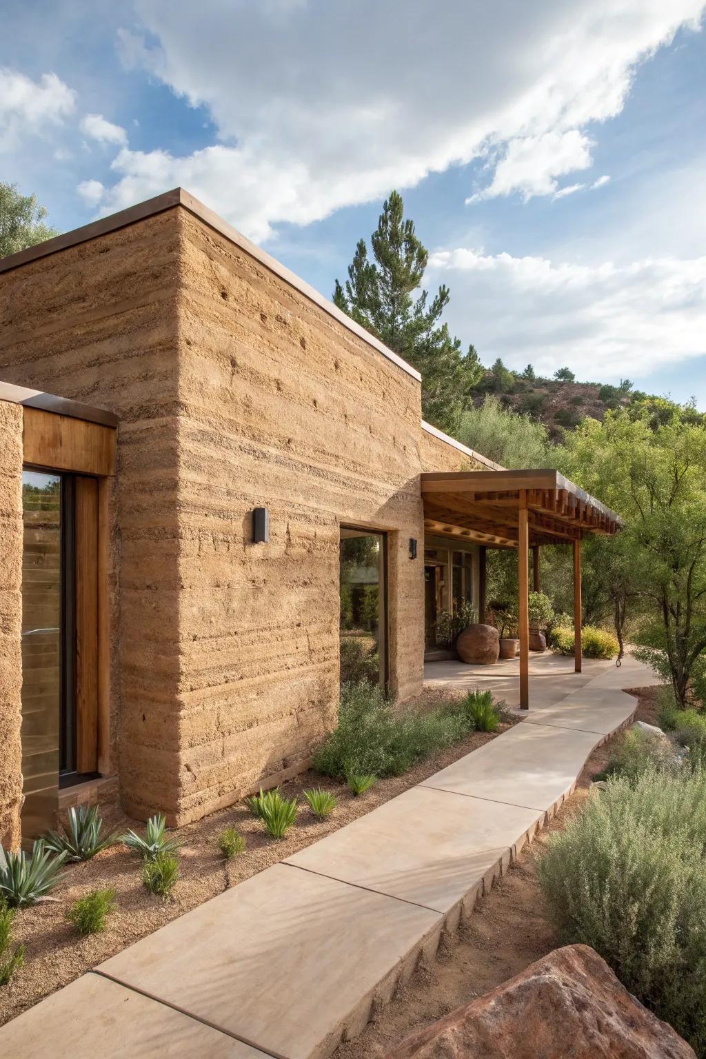 Sturdy and sustainable rammed earth home with a rustic appeal.