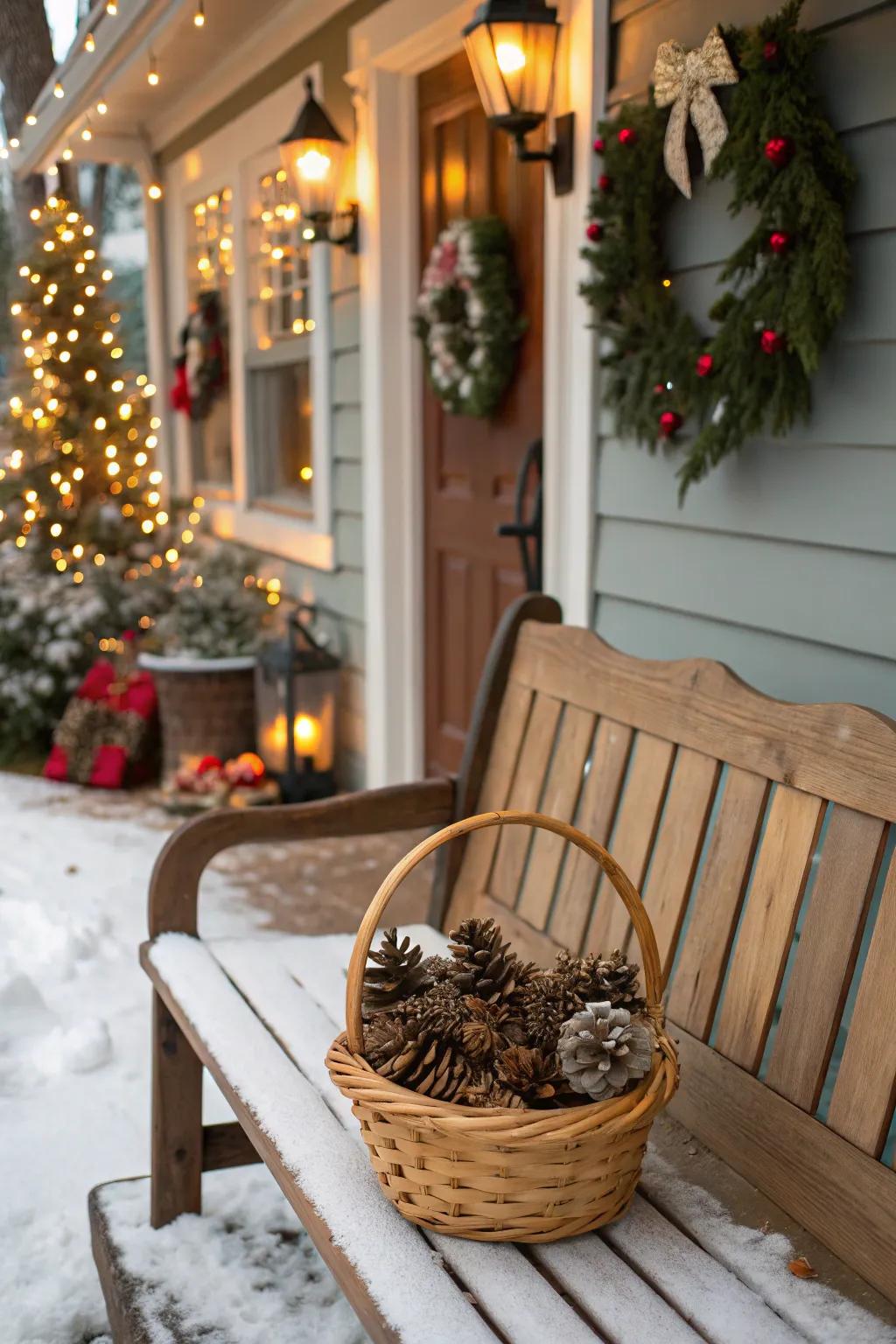 A basket of pinecones adds rustic charm to your decor.