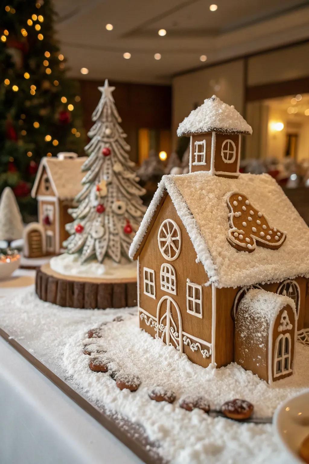 A gingerbread village centerpiece delights with sweet holiday charm.