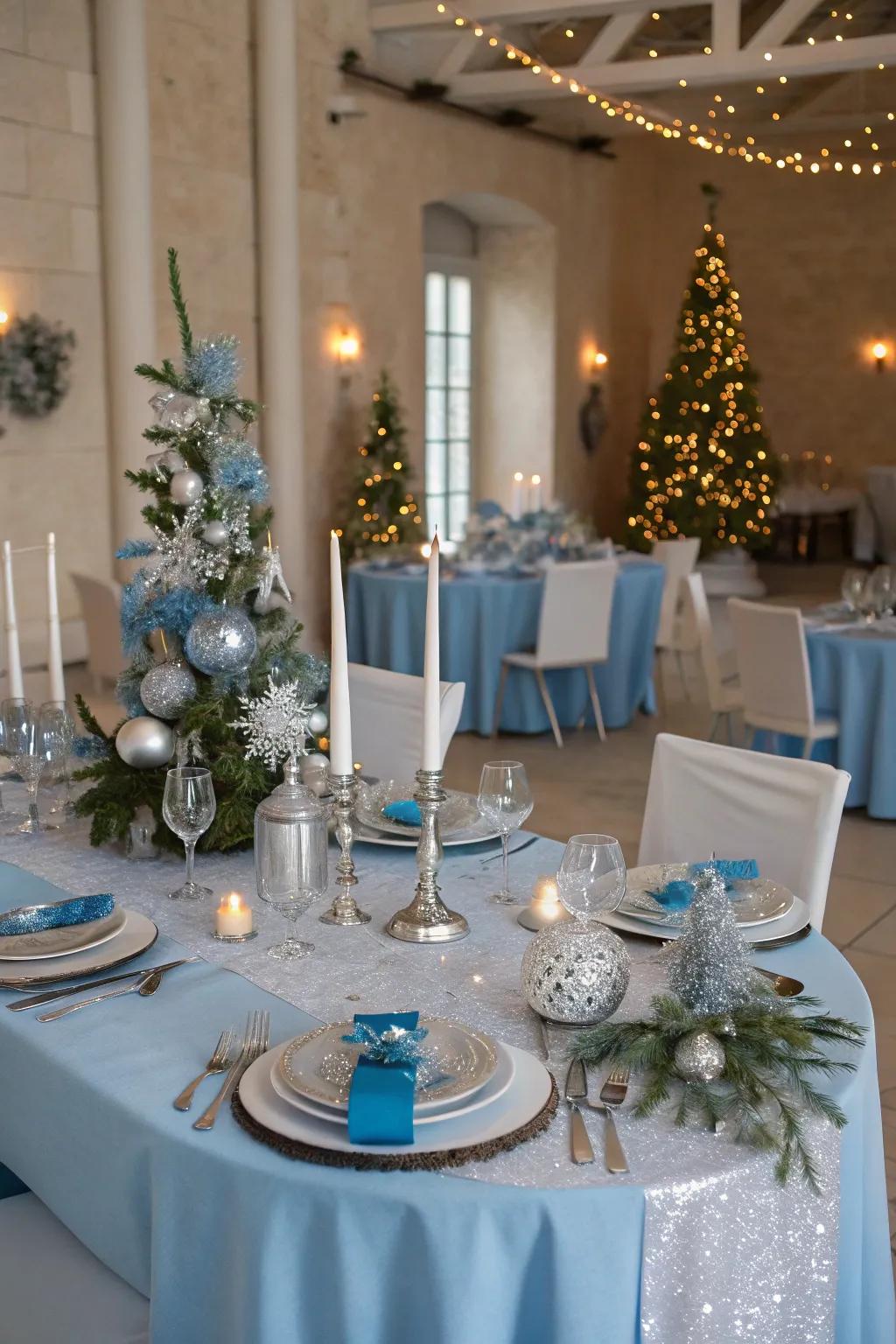 Silver and blue create a chic, wintry elegance.