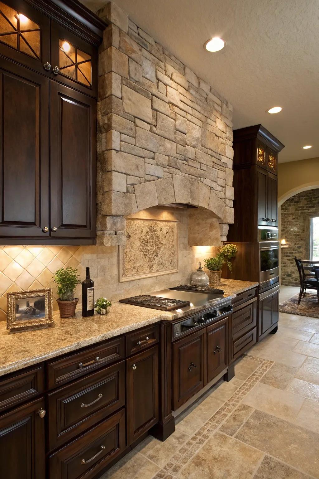 Natural stone backsplash adds organic elegance to this kitchen.