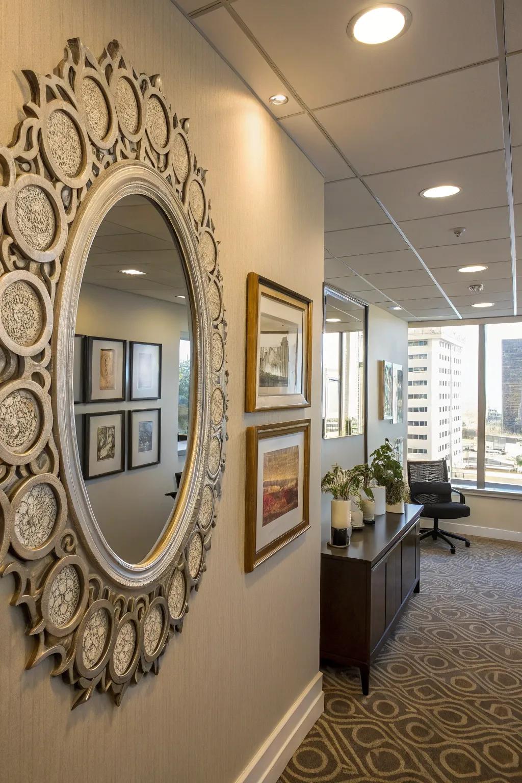 Decorative mirrors enhance light and space in an executive office.