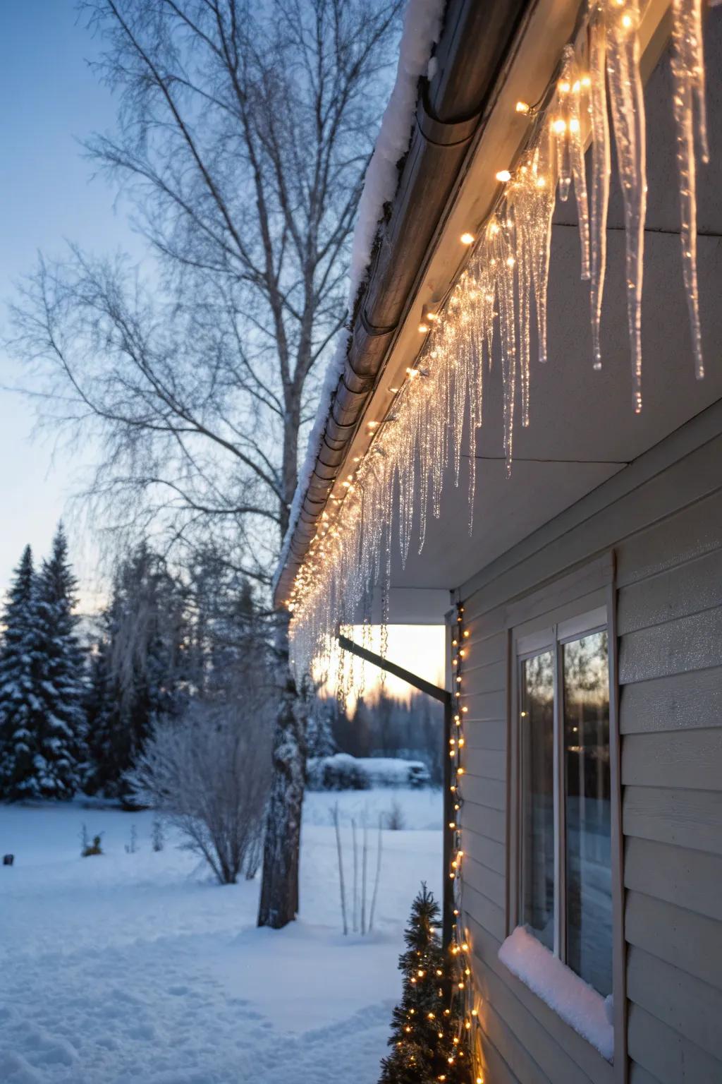 Elegant icicle lights along the eaves.