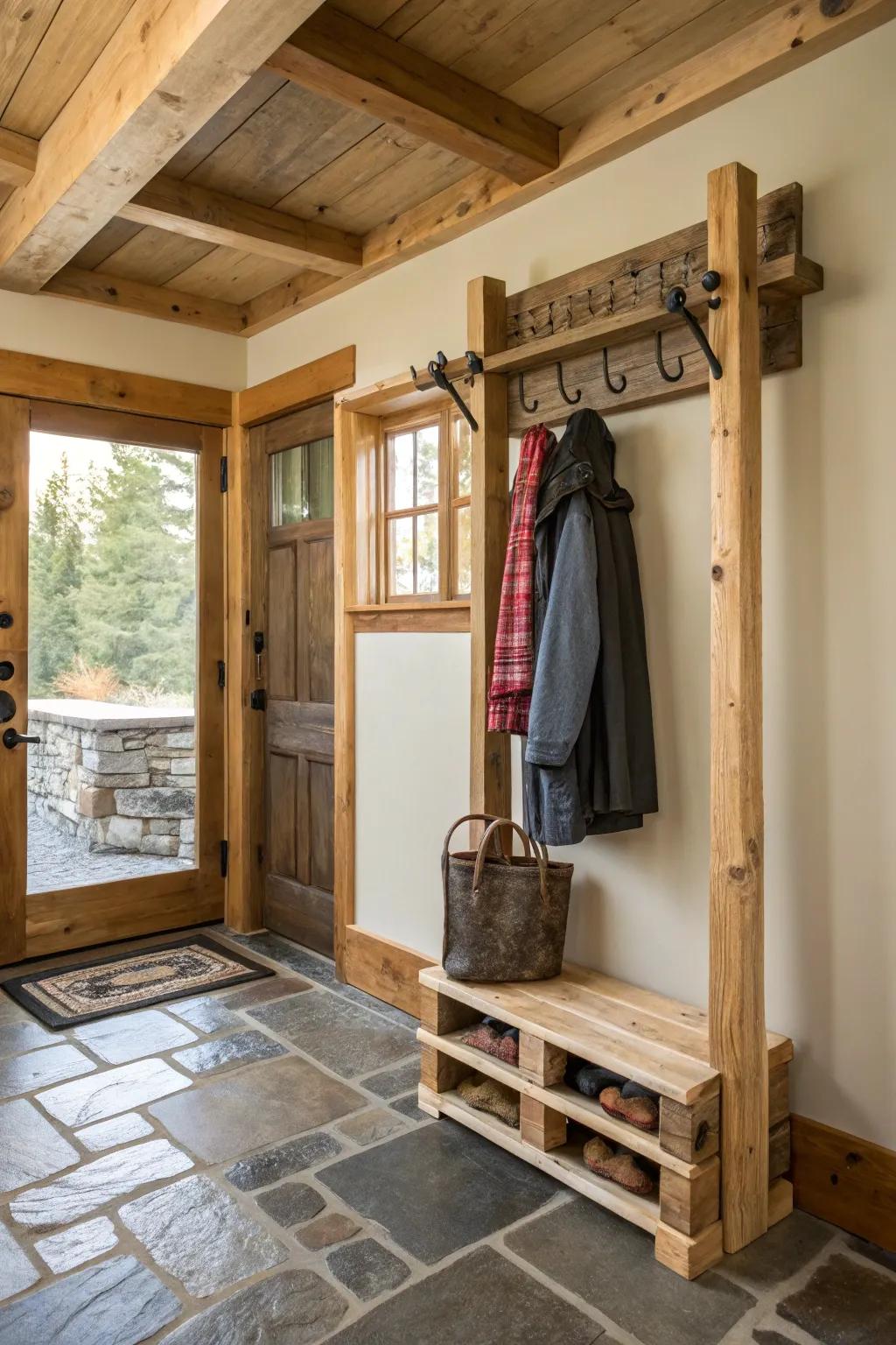 A reclaimed wood pallet coat rack, combining sustainability with rustic charm.