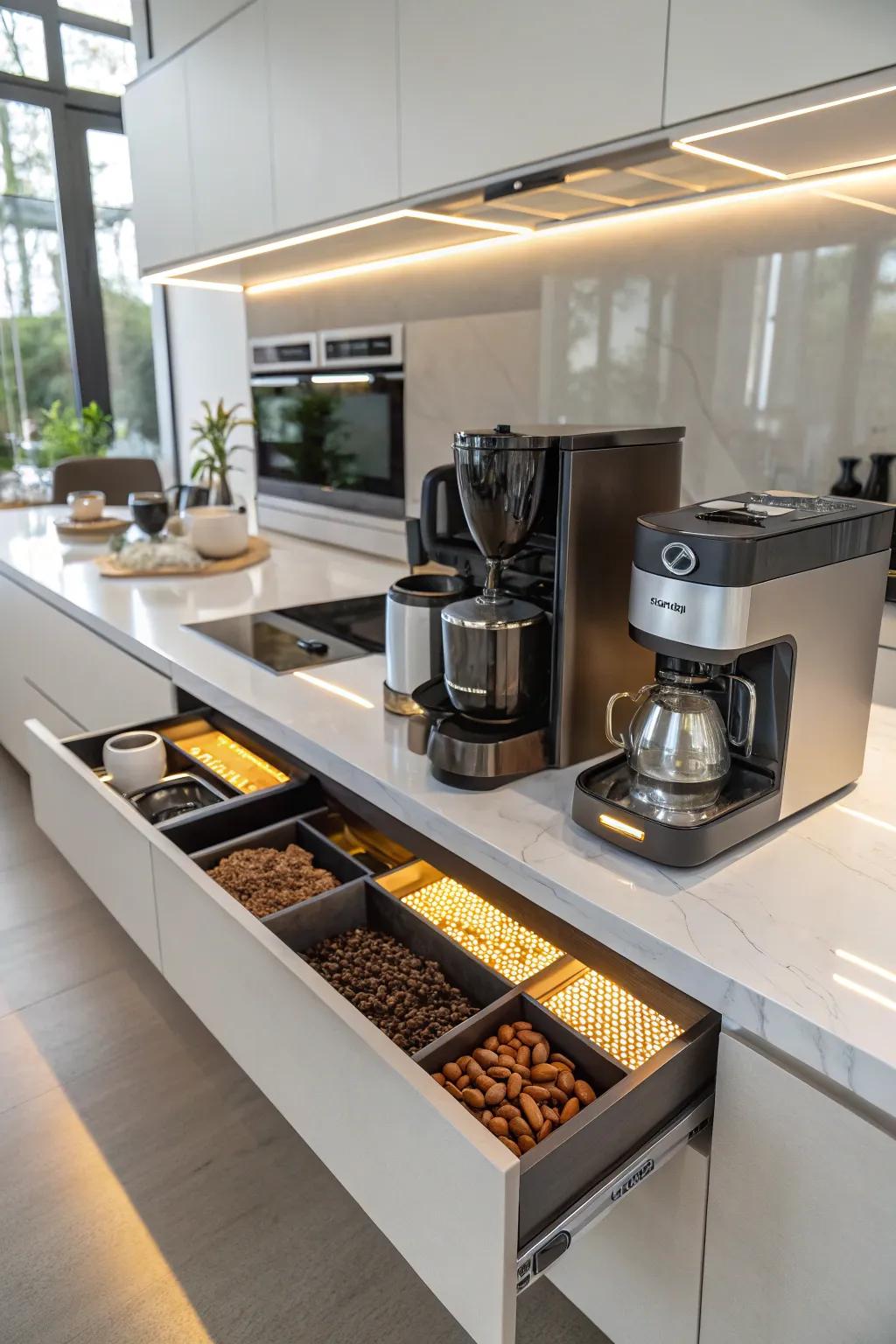 LED lighting adds functionality and ambiance to your coffee drawer.