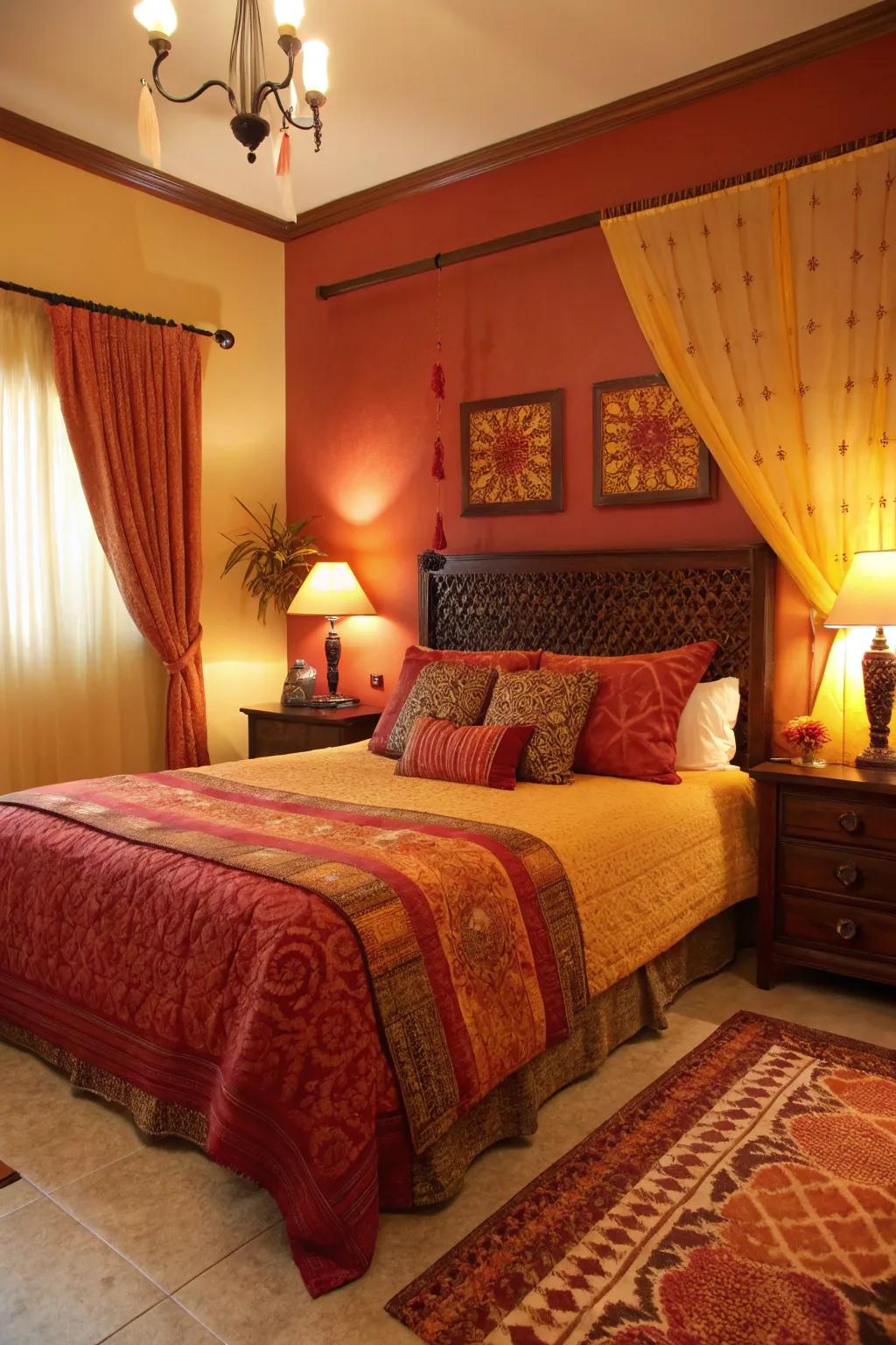 Warm colors create a cozy and inviting bedroom atmosphere.