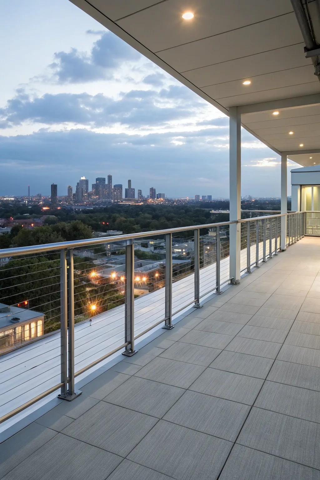 Minimalist railings on a rooftop deck preserve stunning skyline views.