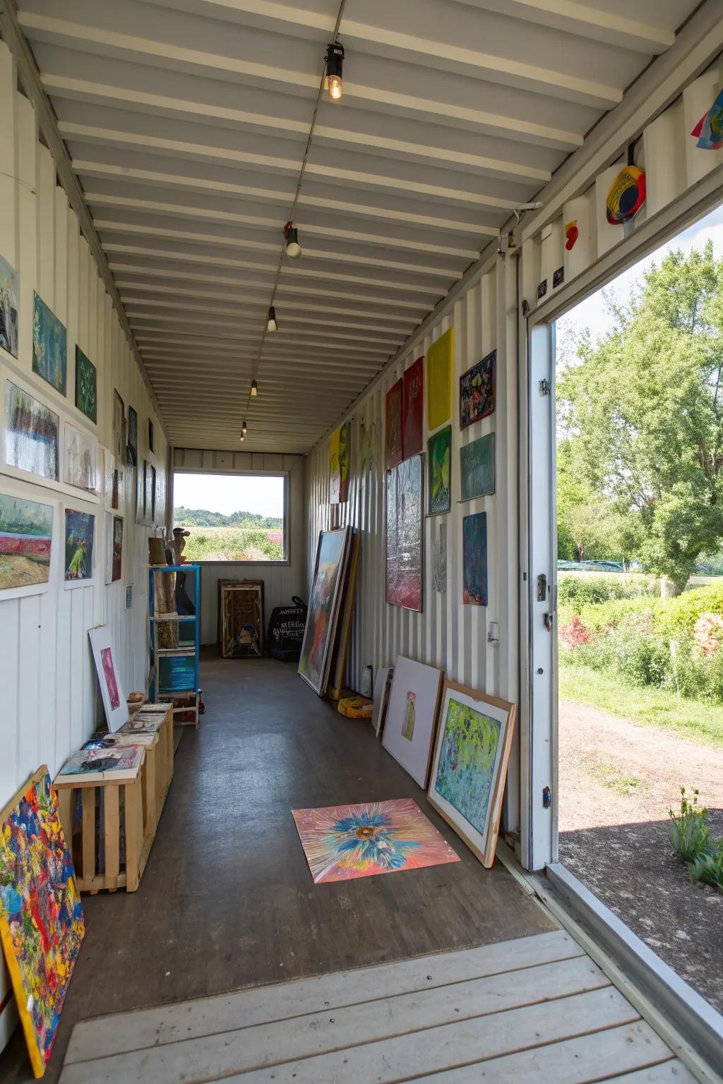 A container art studio is the ideal retreat for creative endeavors.