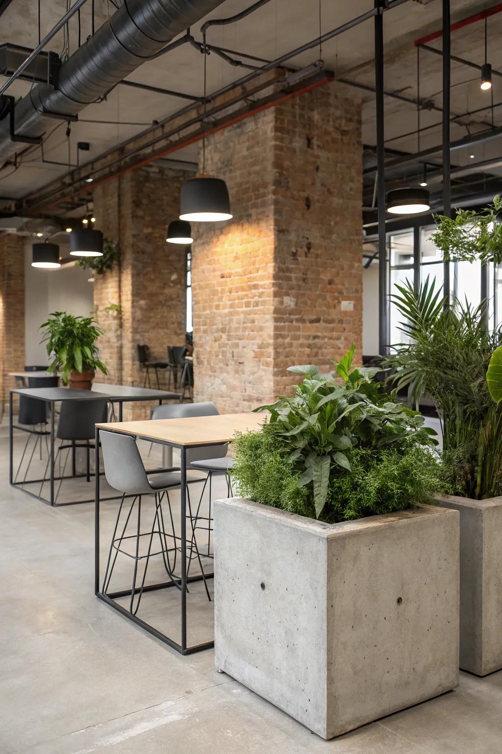 Concrete accents adding a raw and sturdy touch to an office.