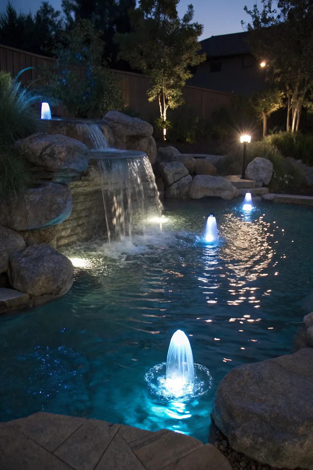 A mesmerizing water feature illuminated by underwater lights.