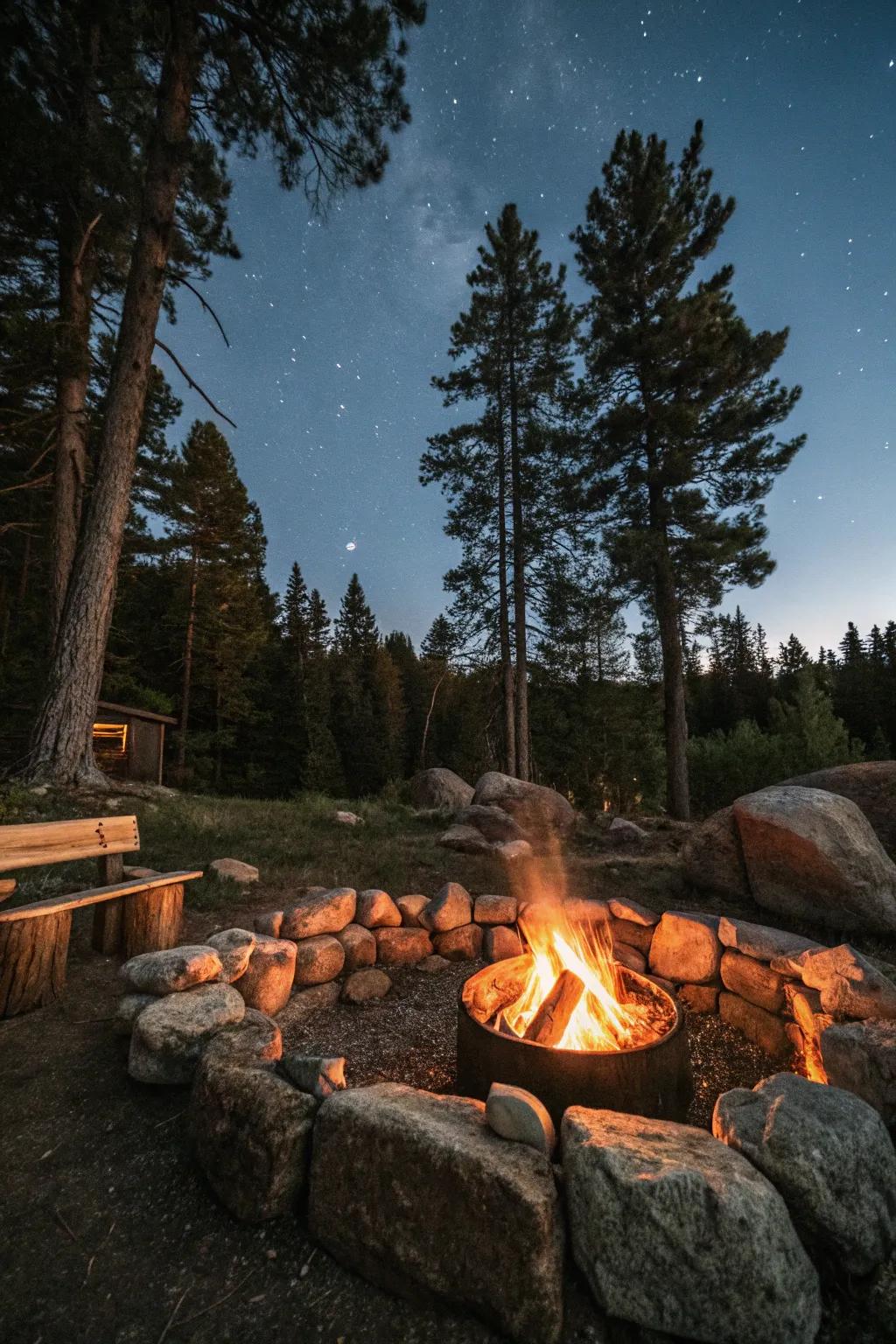 Natural rock and log seating offers a rustic and cozy gathering spot.