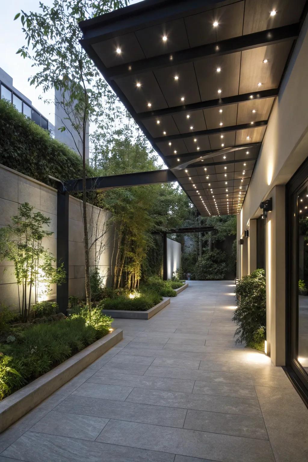 Recessed lighting provides a sleek, minimalist look in the courtyard.