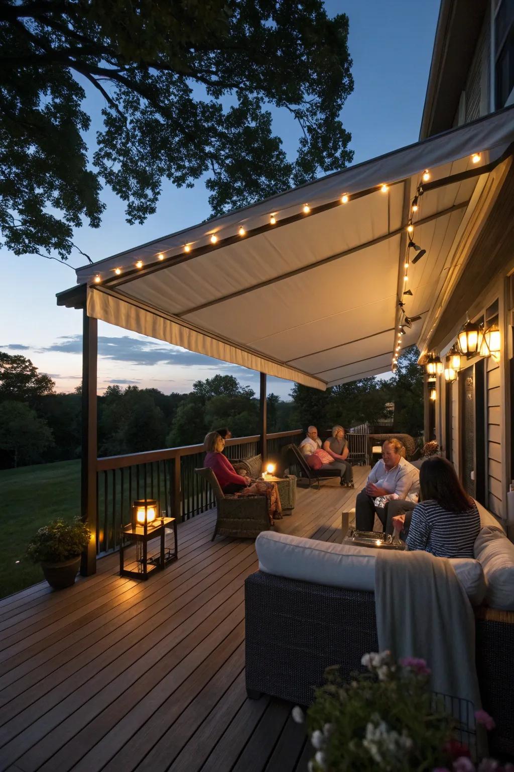 Built-in lighting in an awning creates a welcoming evening ambiance on your deck.