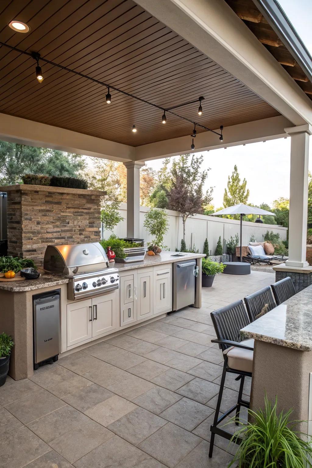 An open-air kitchen makes outdoor cooking a breeze.