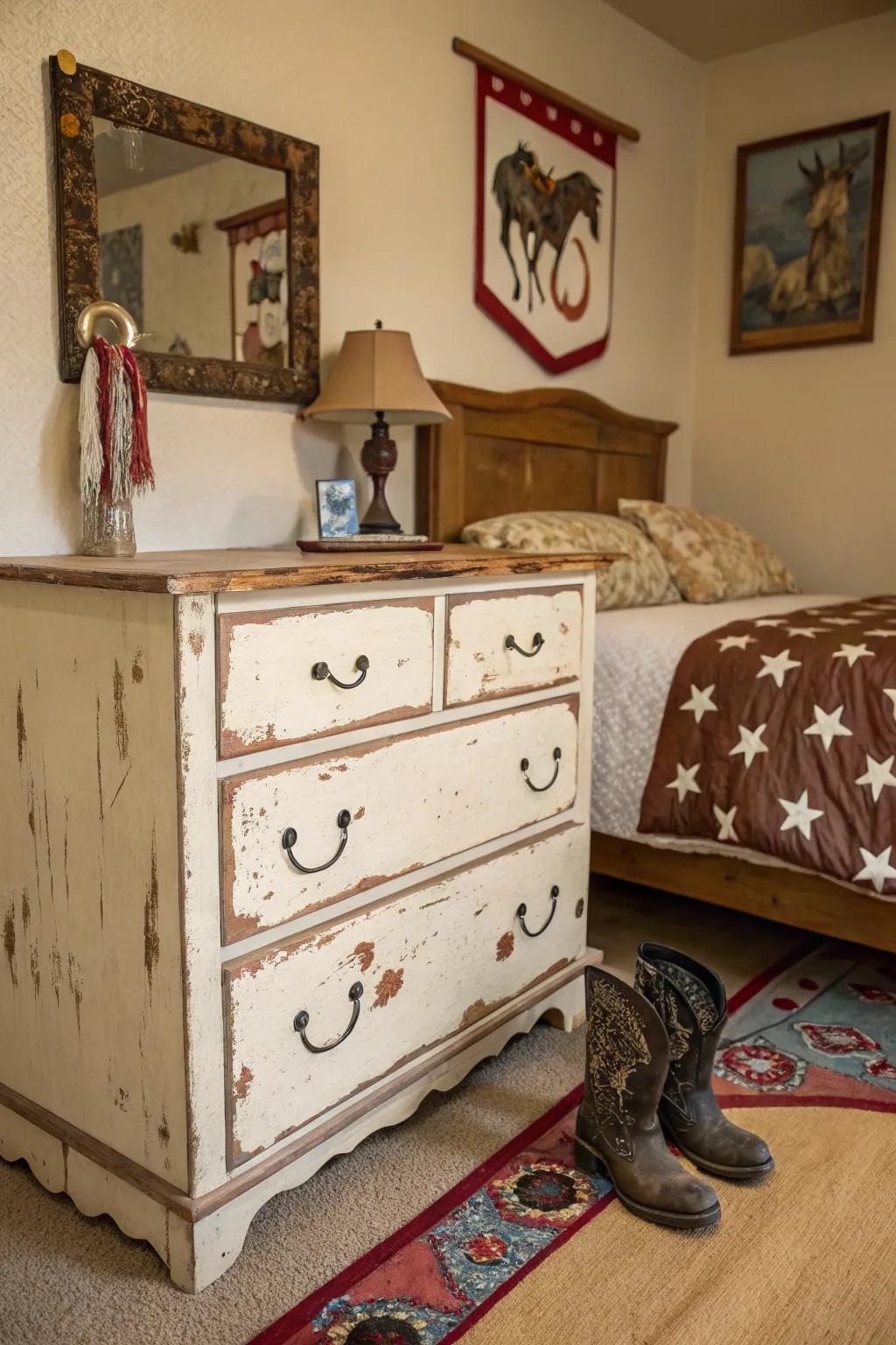 Distressed furniture adds character and history.