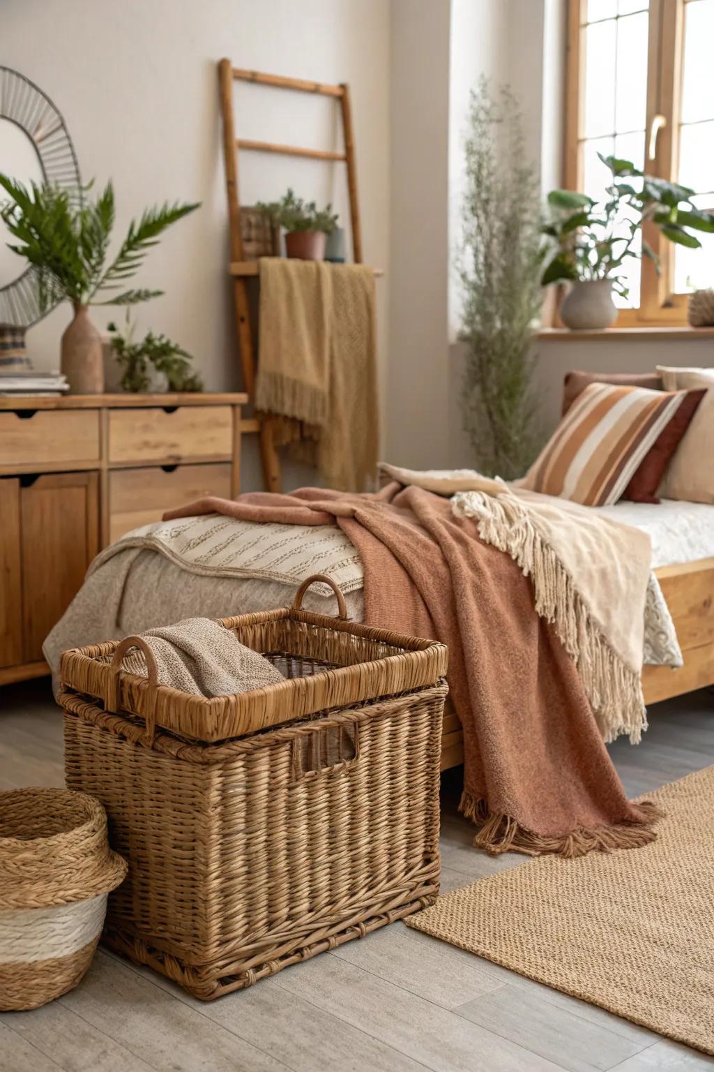 A bedroom with rustic wicker baskets bringing both function and style.