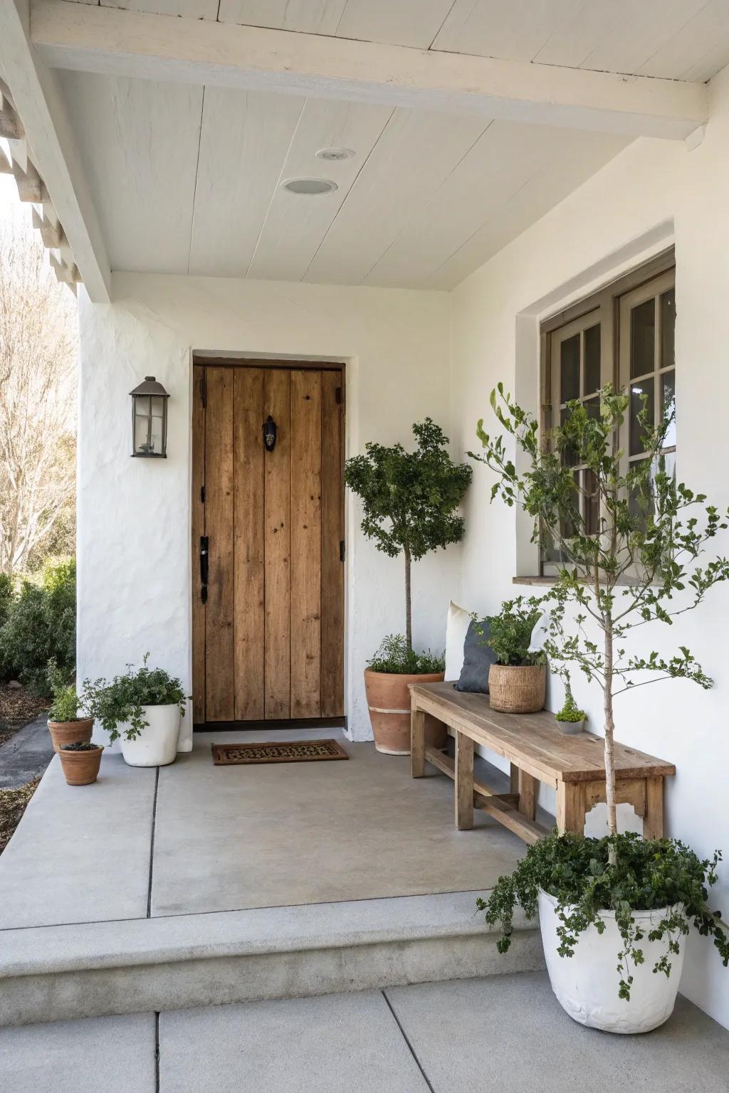 Minimalistic decor enhances the porch's elegance and simplicity.