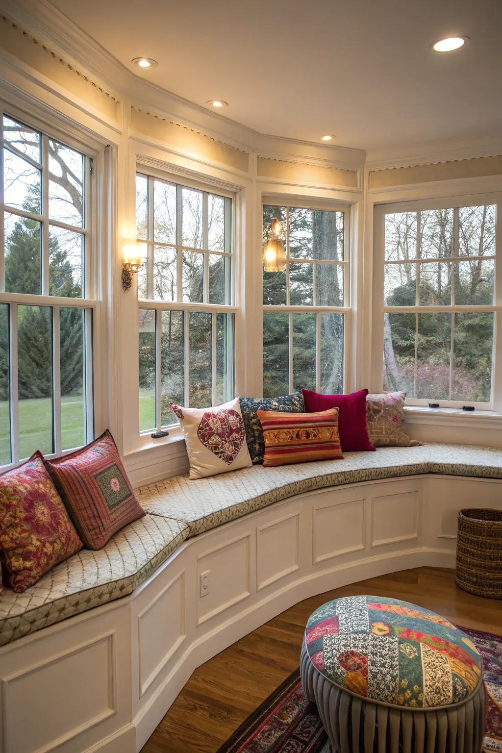 Bright and colorful cushions enlivening a curved bay window.