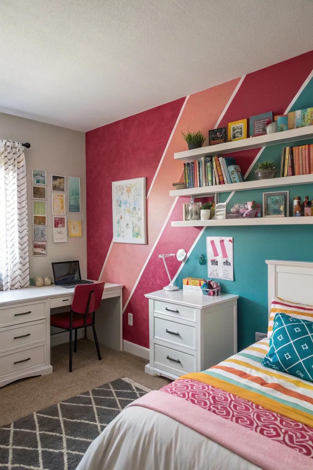 A bold accent wall adding personality to a teen room.