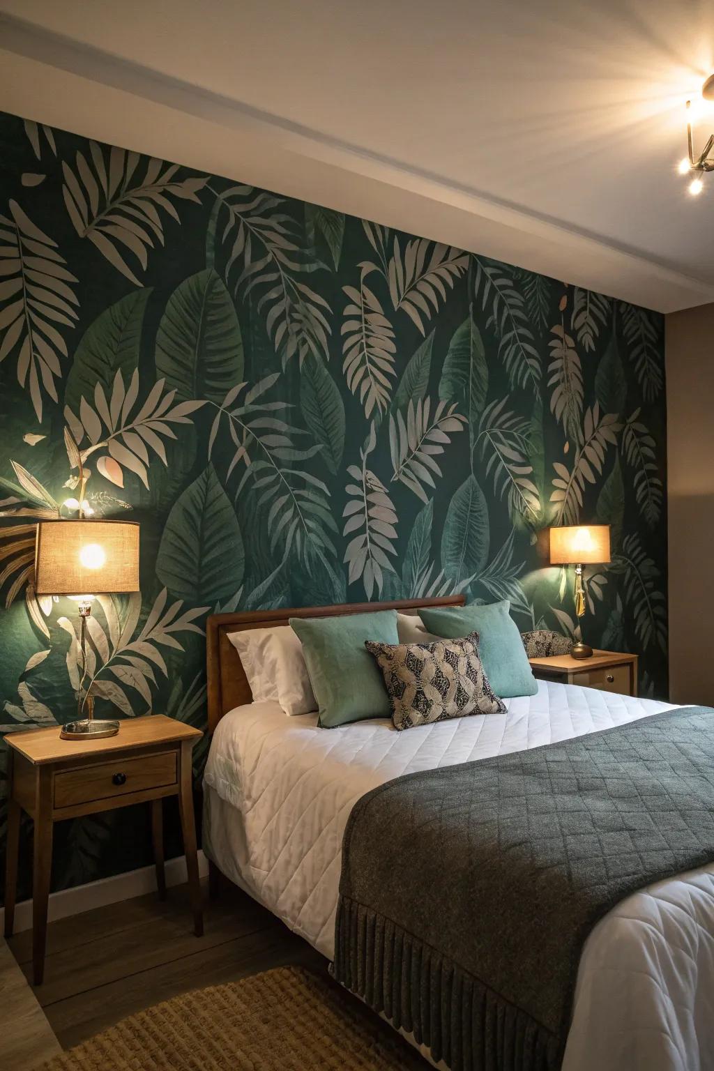 A bedroom with dark green leafy wallpaper creating a natural ambiance.