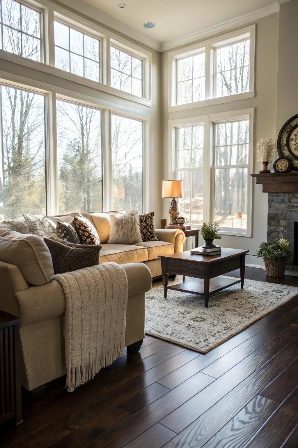 Natural light brightens up this living room with dark wood floors.