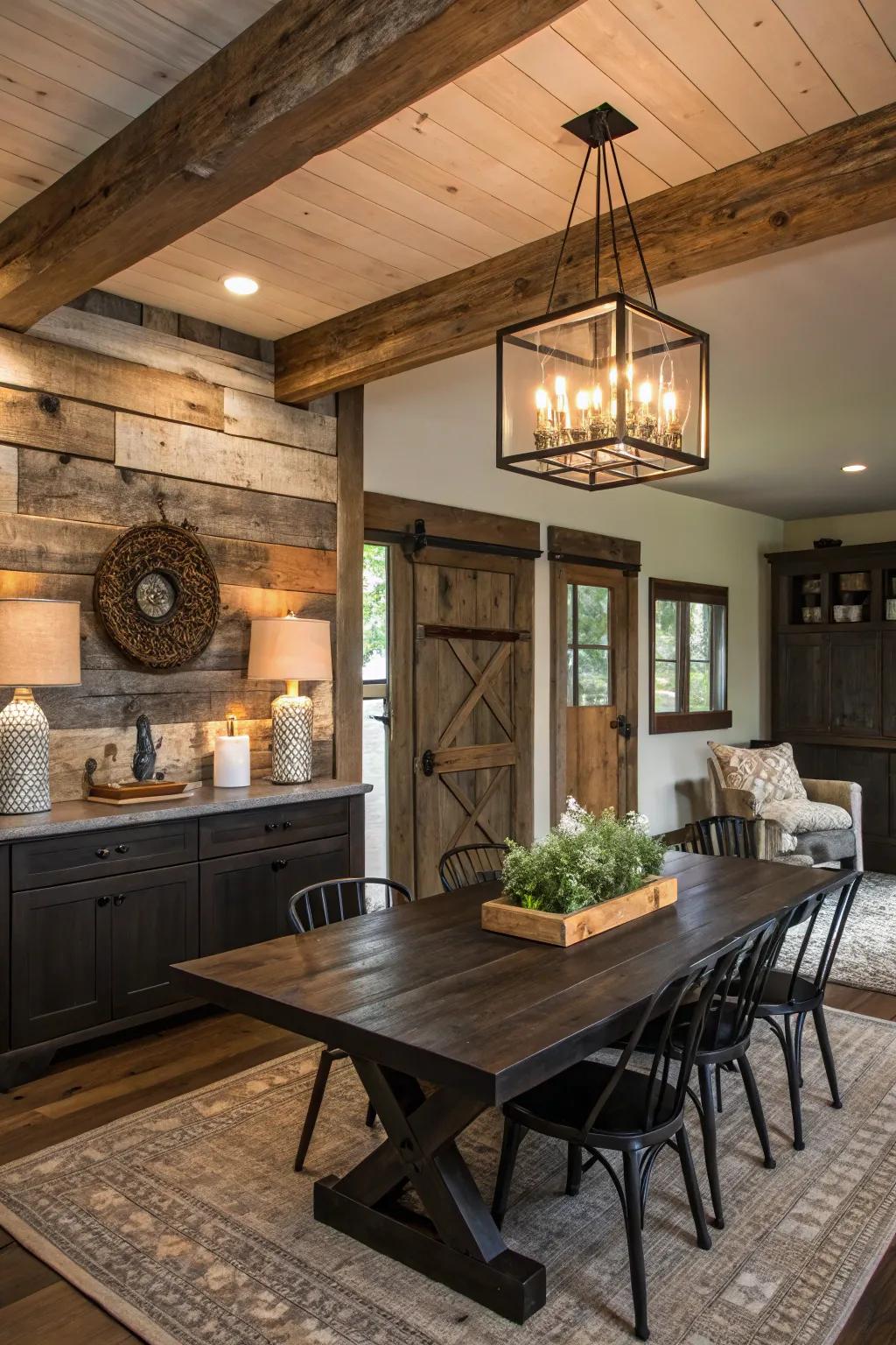 Reclaimed wood adds rustic charm to dark wood settings.