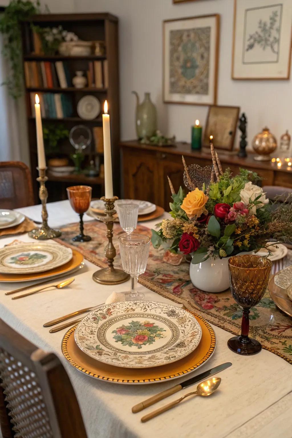 Vintage charger plates bring a nostalgic feel to the table.