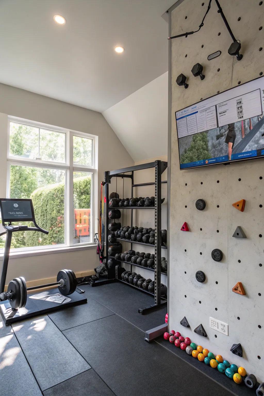 A home gym with surprising elements like a climbing wall, offering fun and challenging workouts.