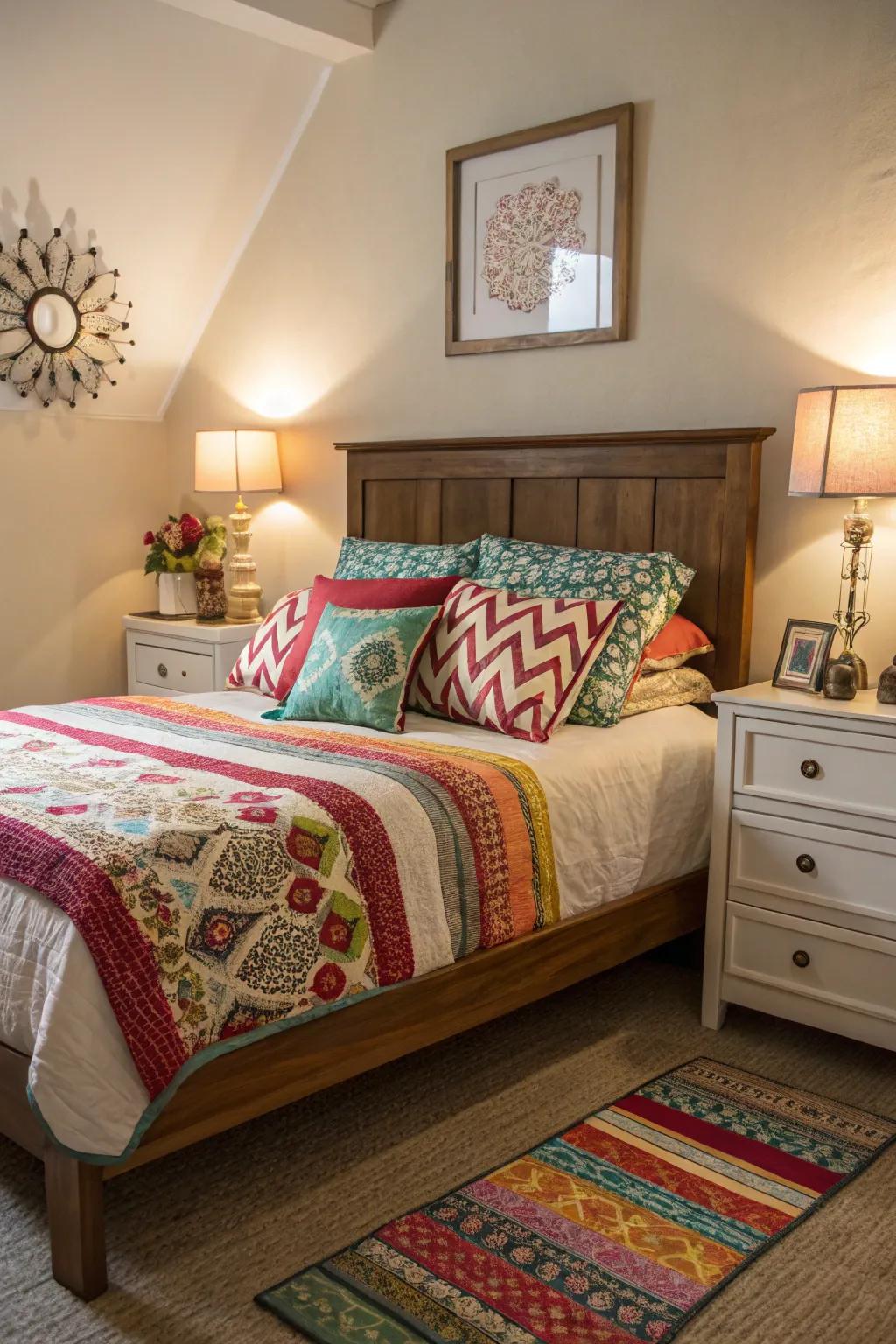 Accent colors bring vibrancy to a diagonal bed setup.