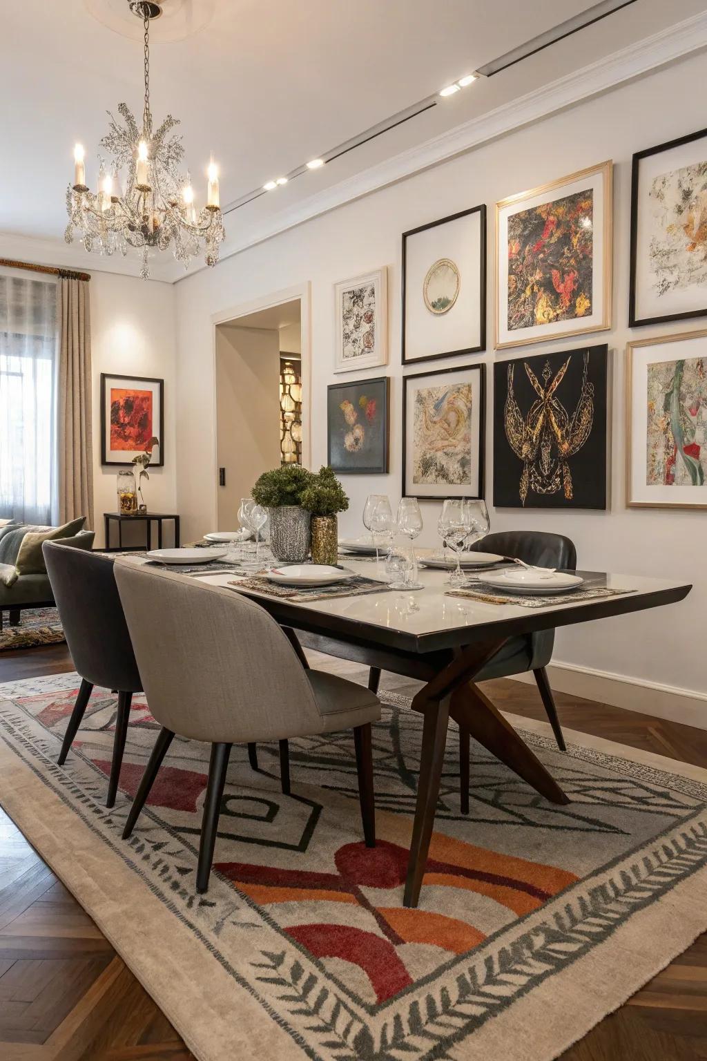 Abstract rugs bringing artistic expression to the dining room.