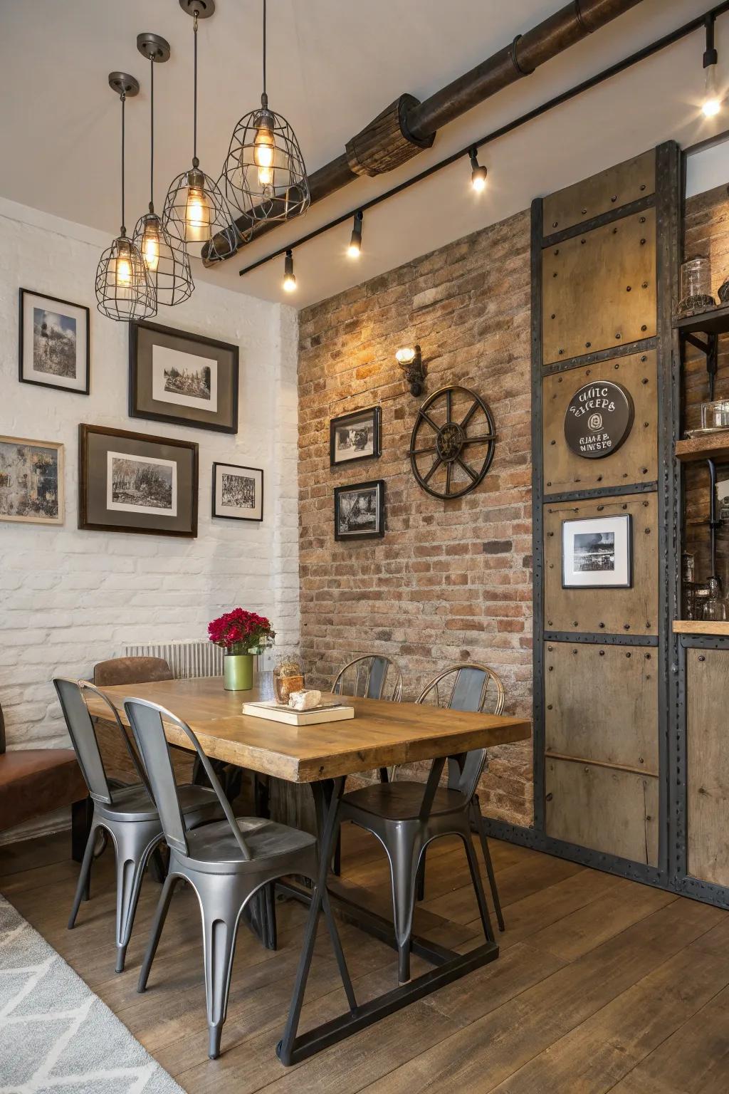 Rustic-industrial elements add a unique personality to the dining room.