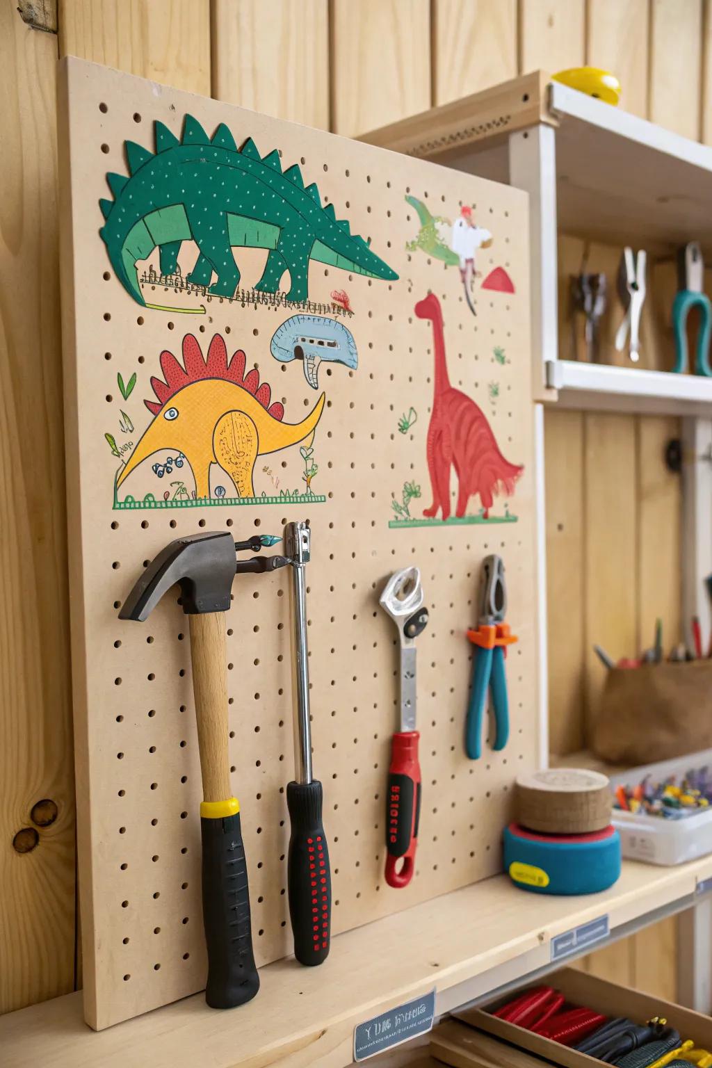 A dinosaur-themed pegboard keeping tools organized.