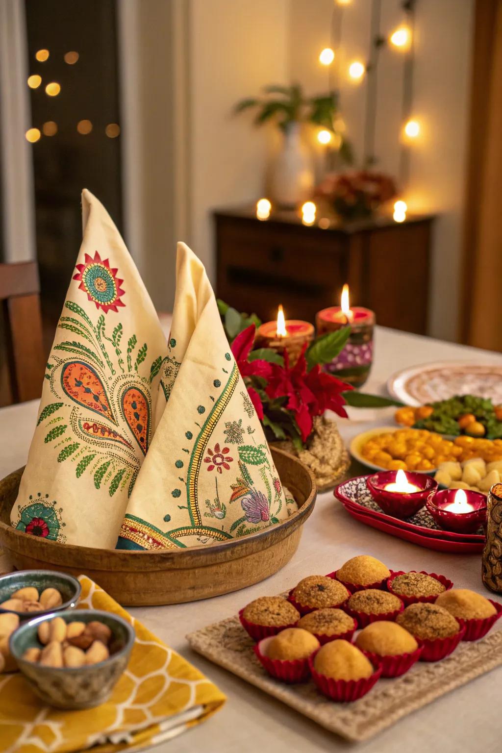 Exquisite napkin folds inspired by traditional art forms add a unique touch to the table.