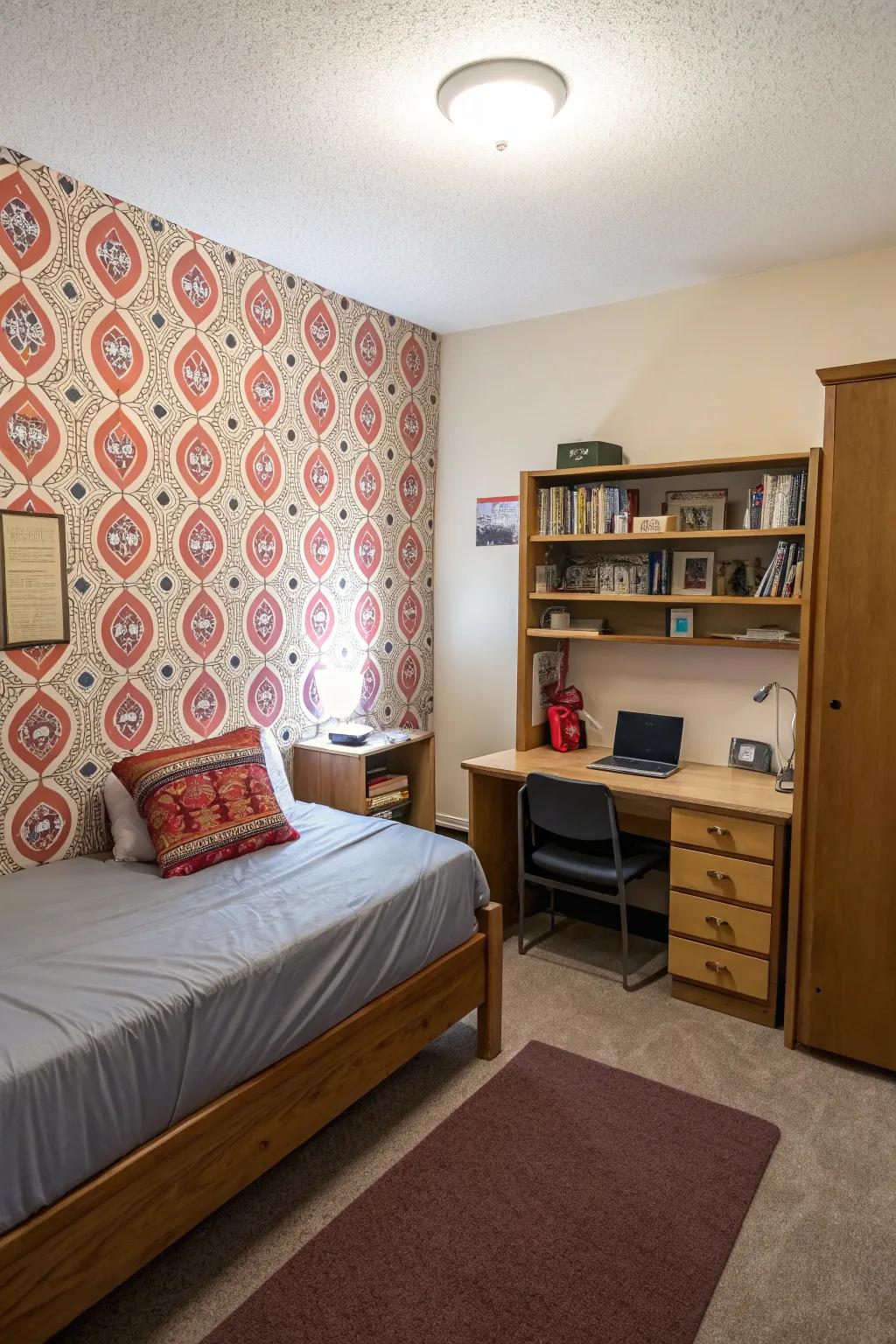 A dorm room with removable wallpaper, offering an easy way to change decor.