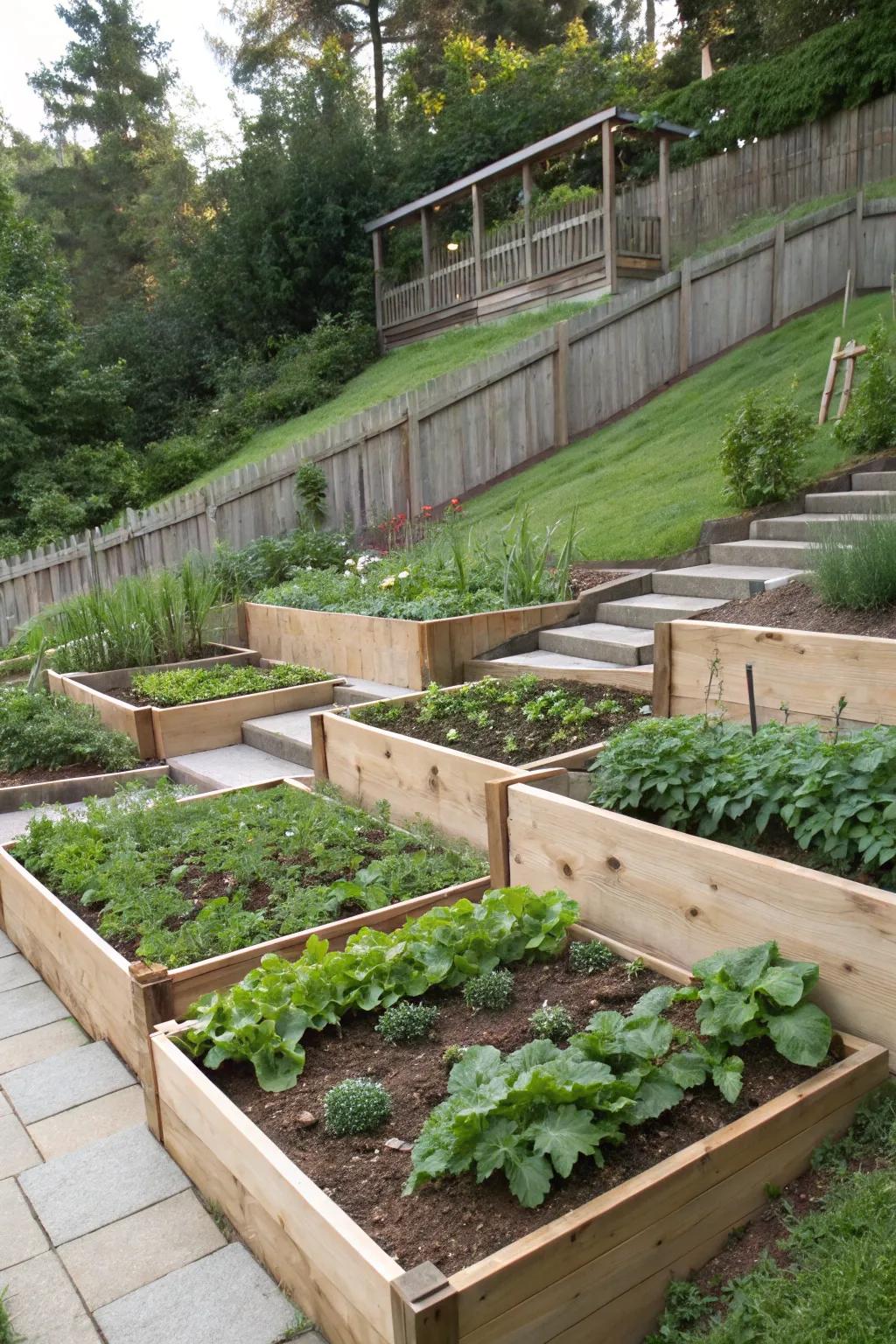 A vegetable patch on a slope offers fresh produce and efficient use of space.