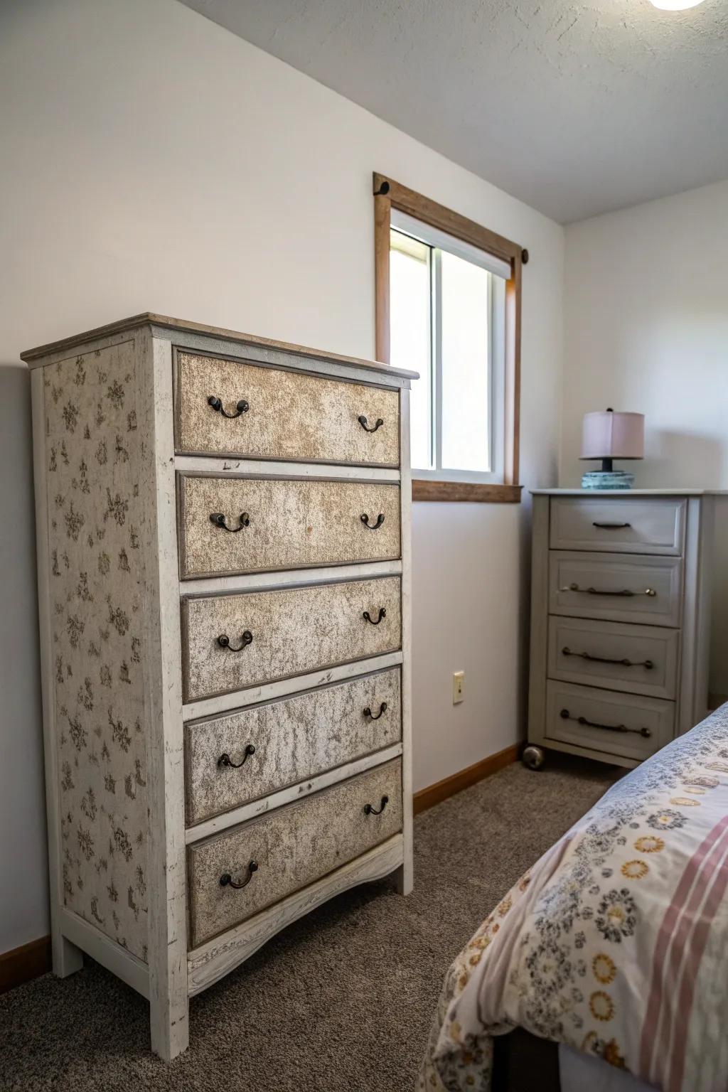 An asymmetrical dresser creating a bold statement in a compact space.