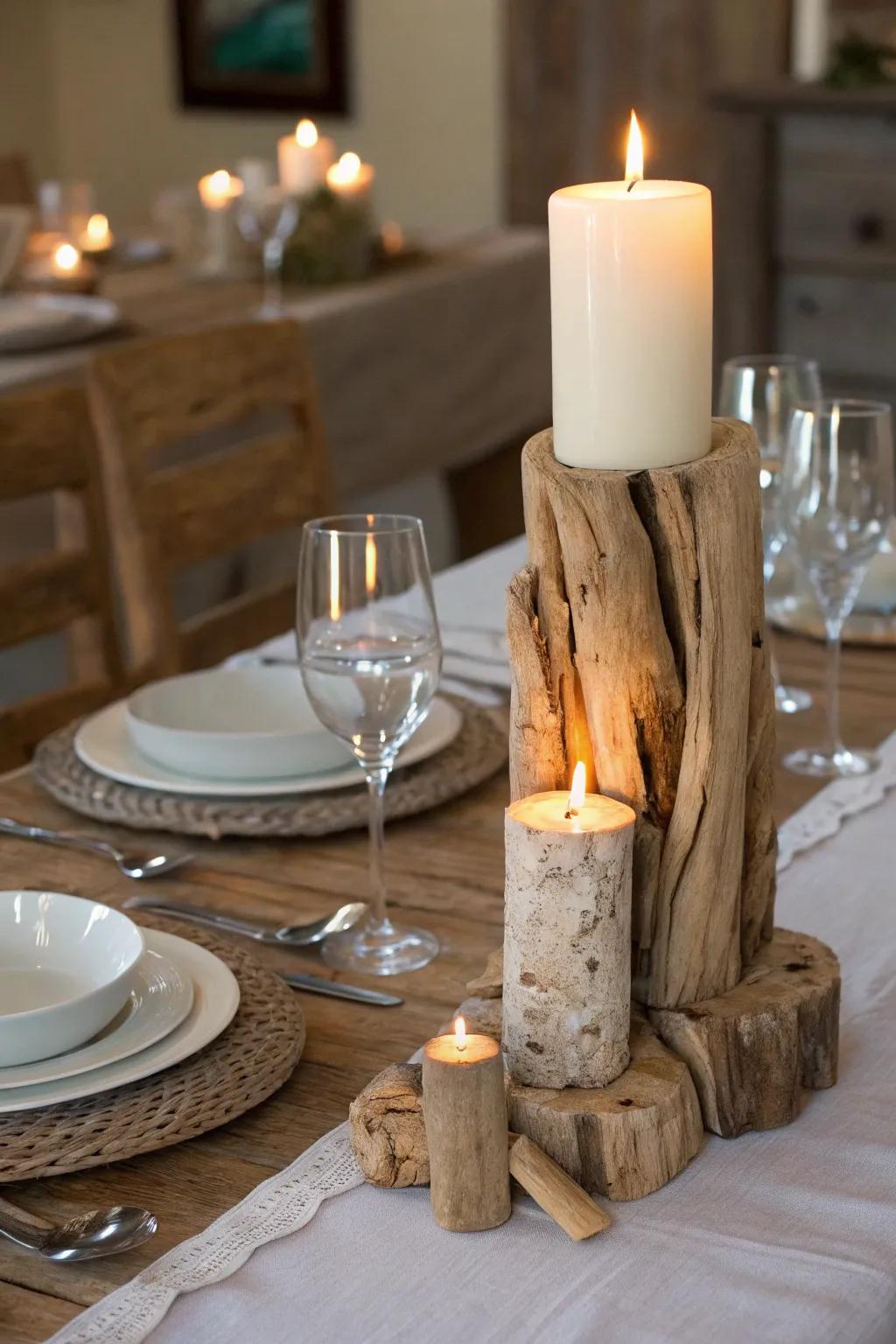 Driftwood candle holders offer rustic elegance.