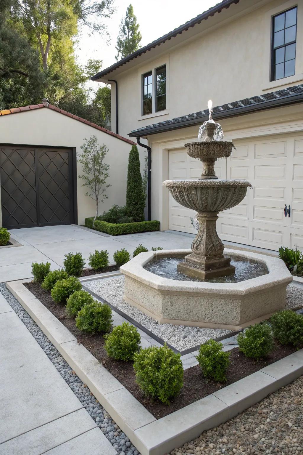 A sculptural art fountain provides an artistic centerpiece.