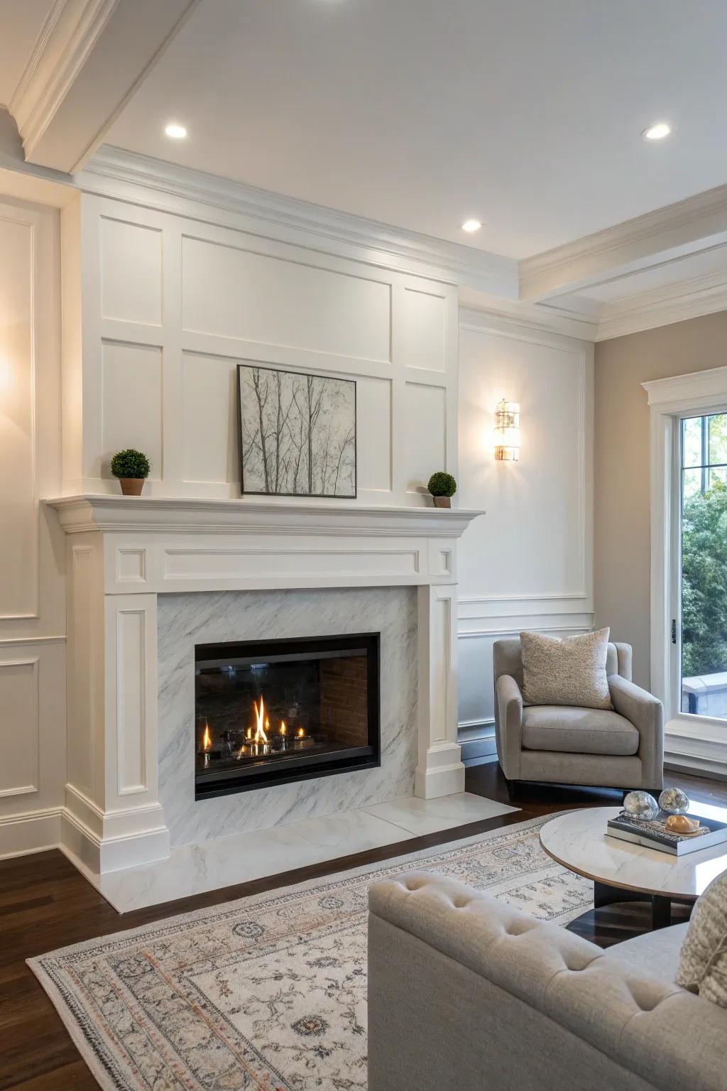 A modern mantel enhances the drywall fireplace's contemporary appeal.