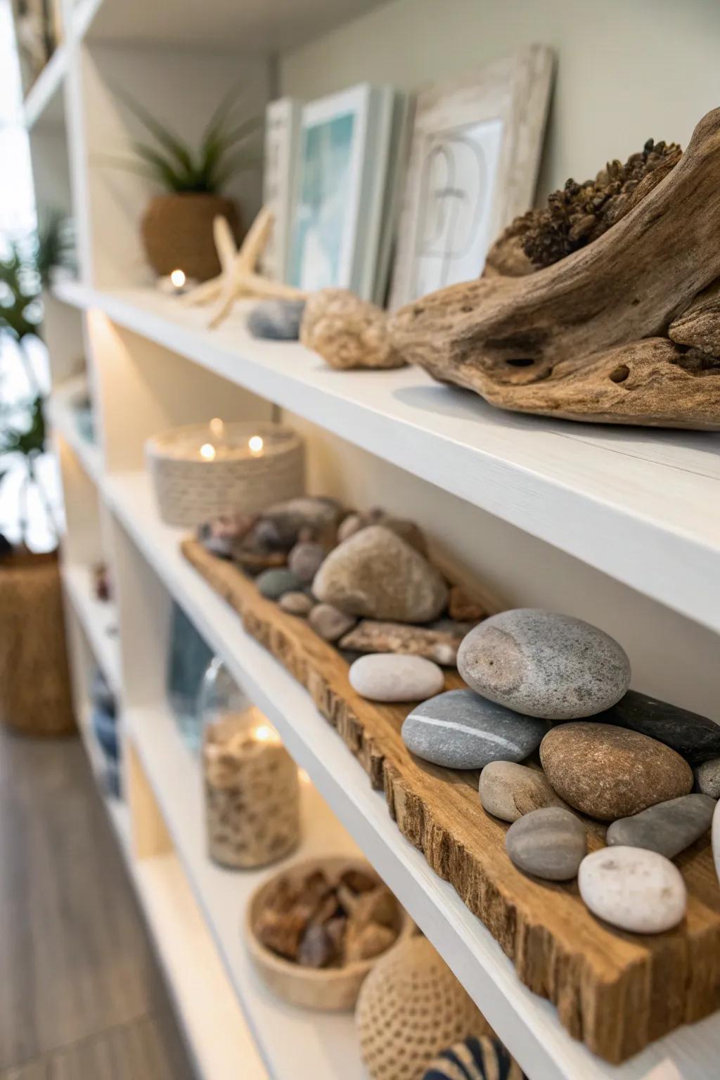 Shelf showcasing natural treasures like stones and driftwood.