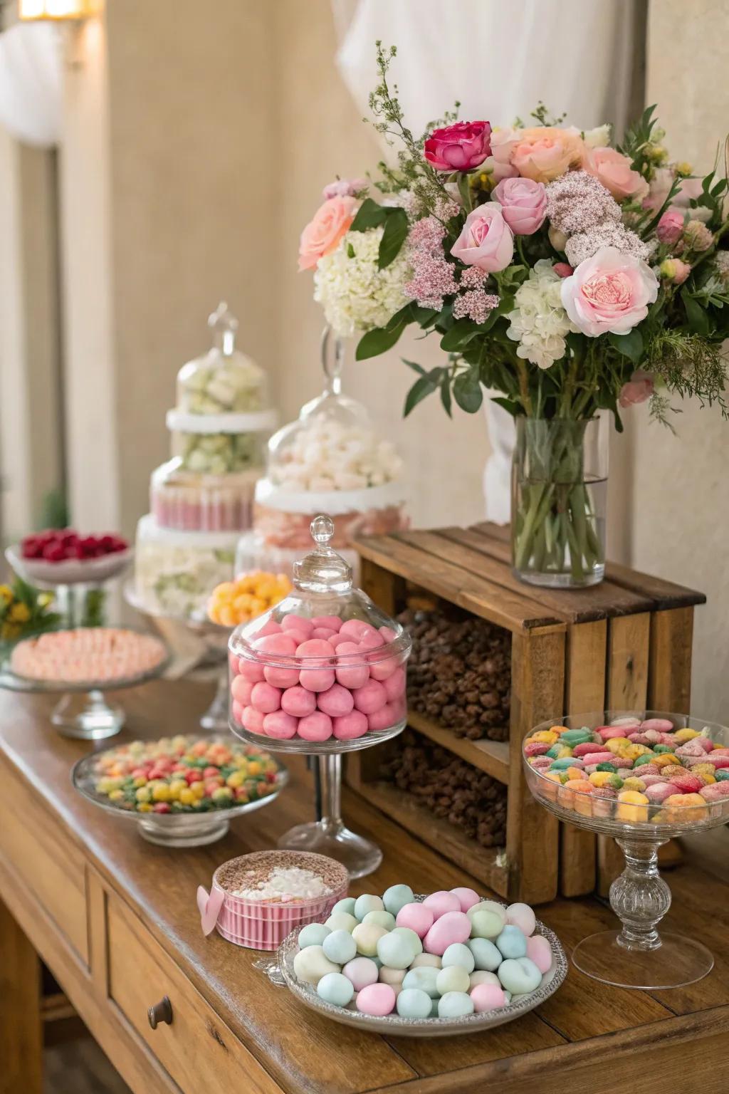 Fresh flowers beautifully complementing the candy display.