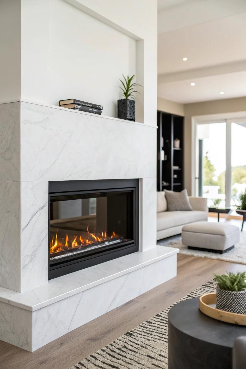 A minimalist electric fireplace offers a chic, understated look.