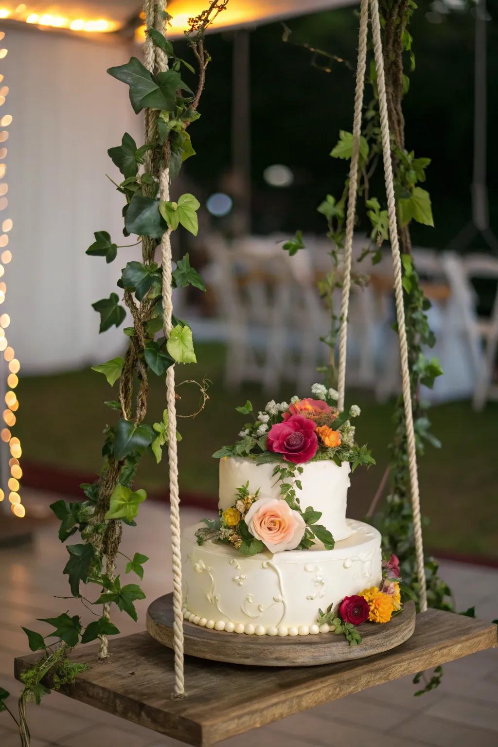 A forest swing transforms into a magical cake stand.