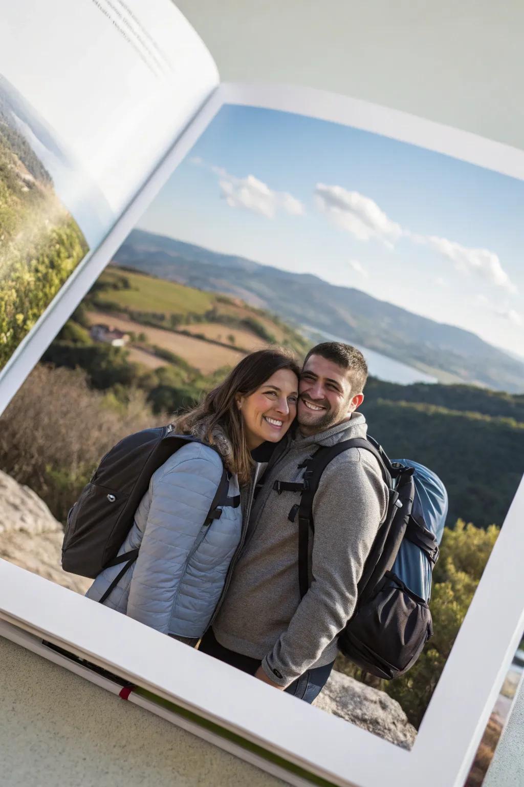 Travel adventures add excitement to an engagement photo book.