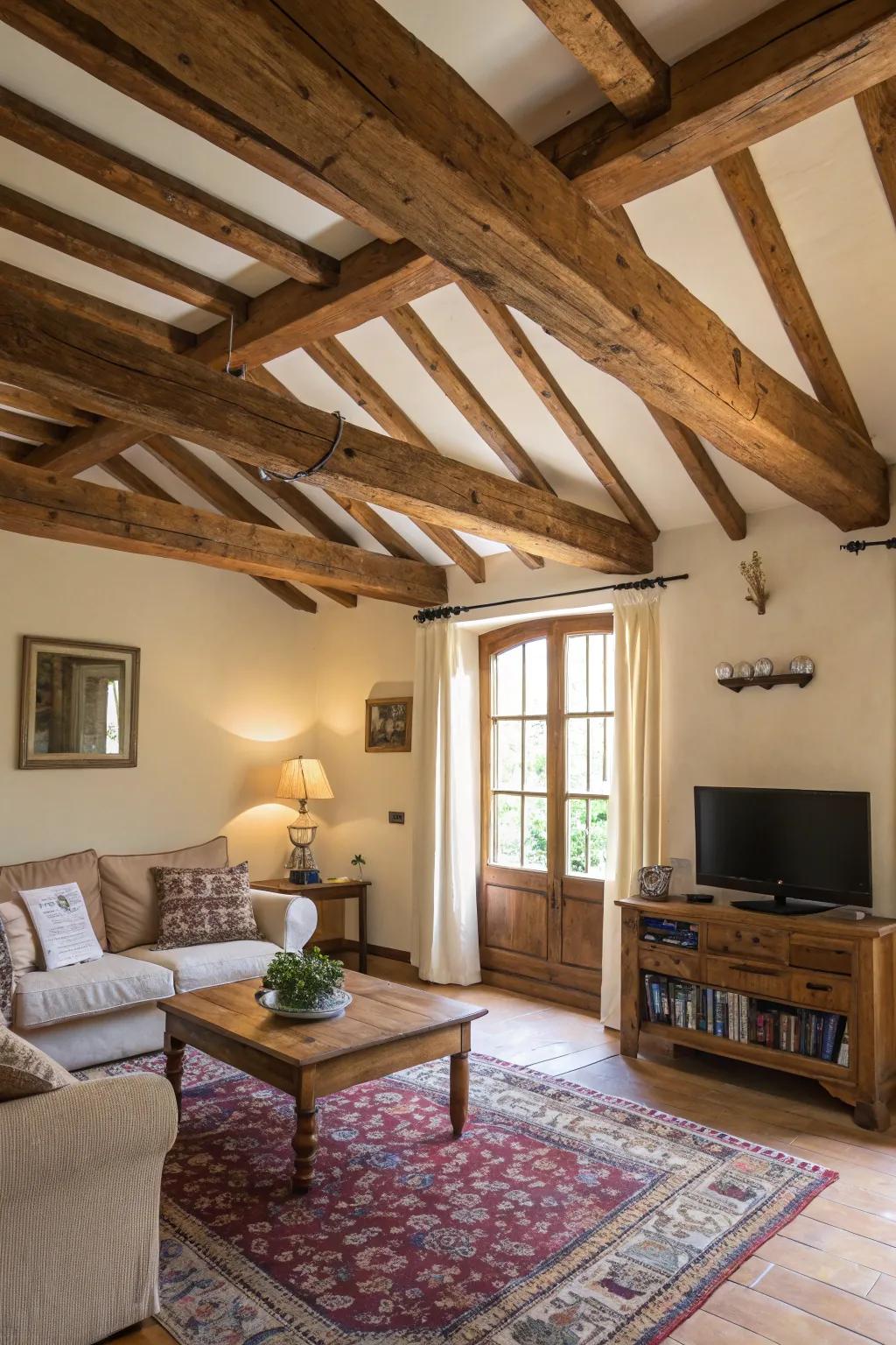 Exposed wooden beams add rustic charm.