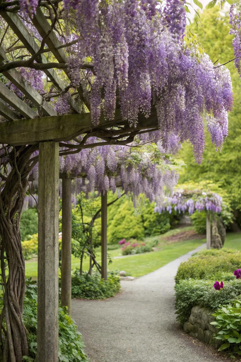 A natural arbor offers a shaded retreat in the garden.