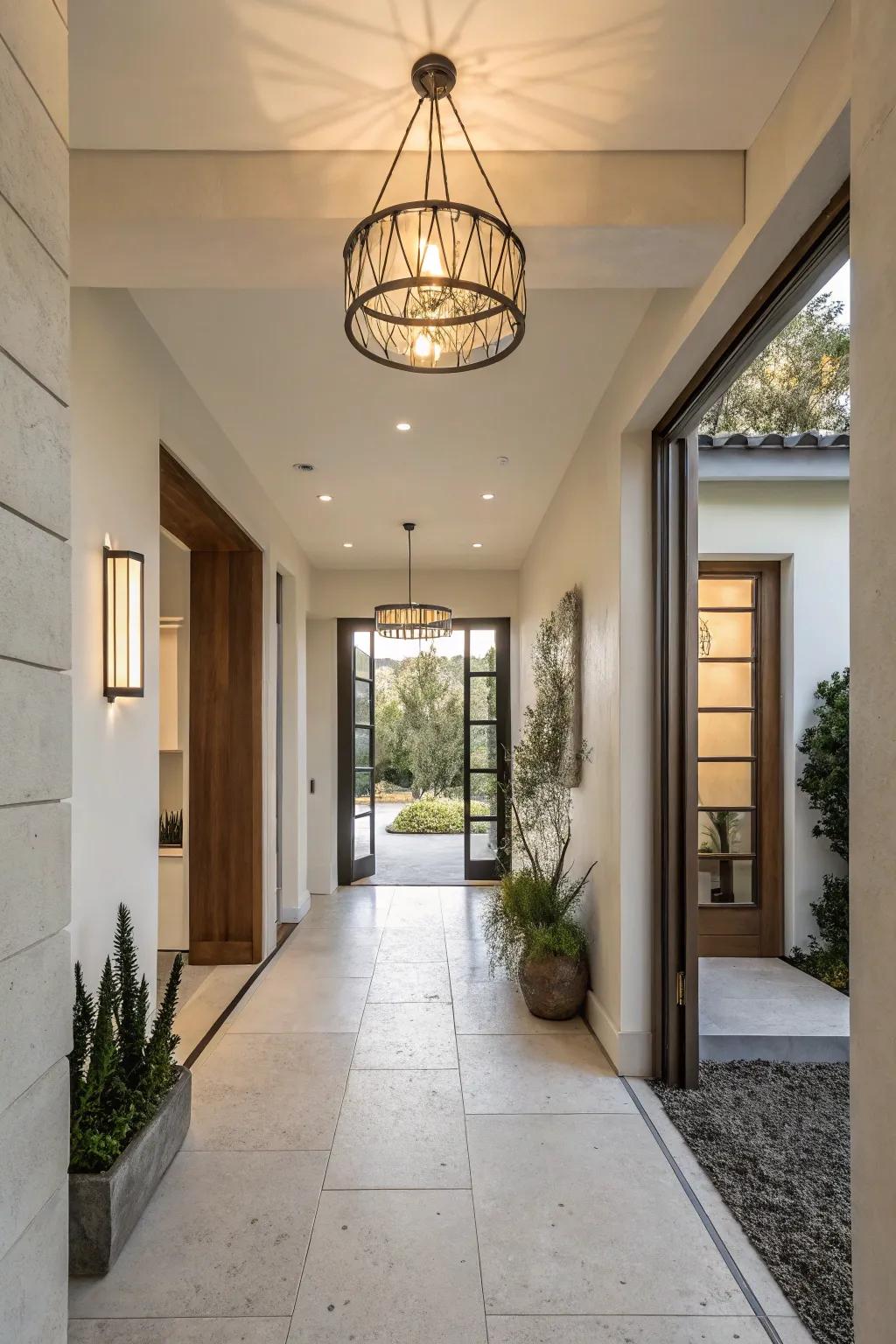 A minimalist entryway featuring a simple lighting fixture for an open and airy feel.