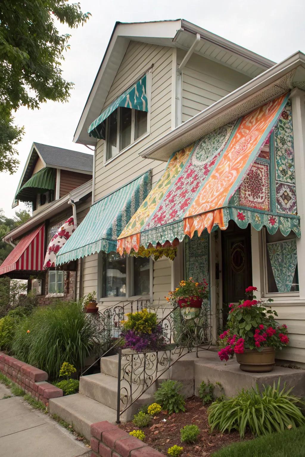 Patterned fabric awnings showcase personal style and creativity.