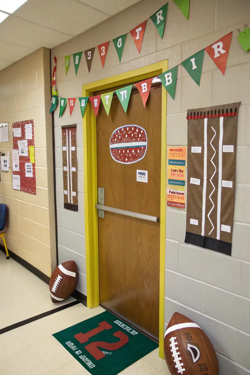 Football-themed door decor for fall sports fans.