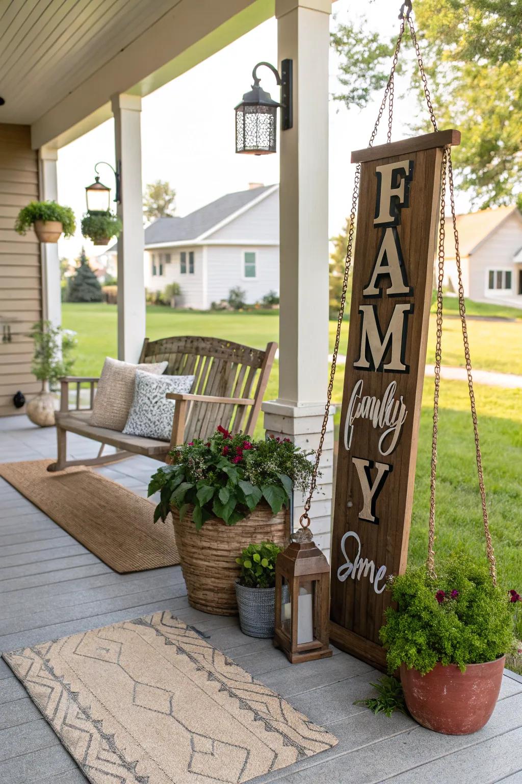 An outdoor family name sign adding charm to a front porch.